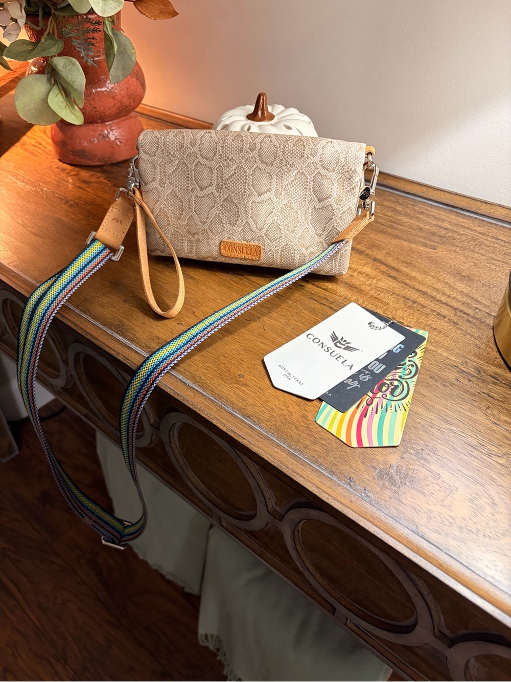 Consuela Gold Leah Snakeskin Uptown Crossbody with Multicolor Stripe Strap